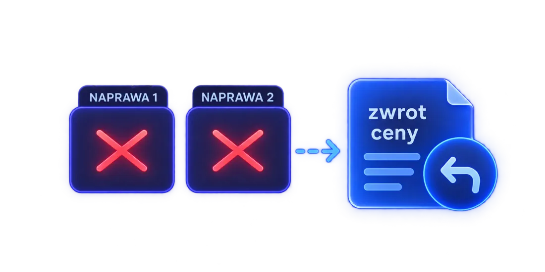 Dwie nieudane naprawy odrzucone czerwonym krzyżykiem i pismo z żądaniem zwrotu ceny